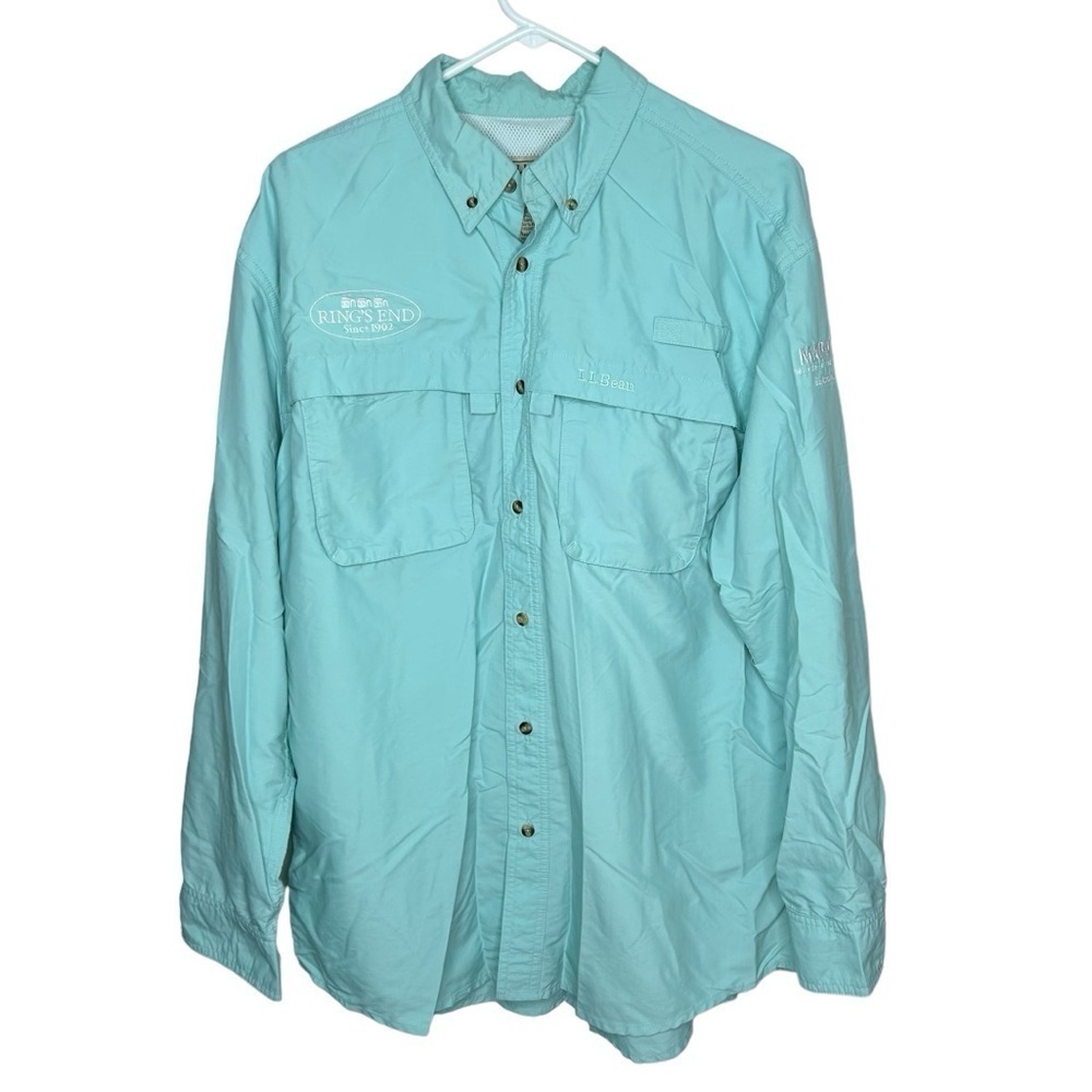 LL Bean Mens L  Aqua Tropicwear Roll Sleeve Fishing Expedition Vented Shirt Logo